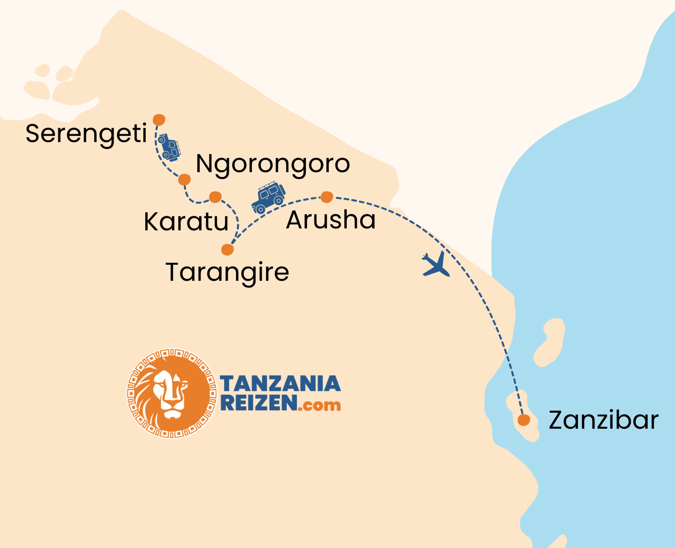 Kaart van de safari-route door Noord-Tanzania in vogelvlucht