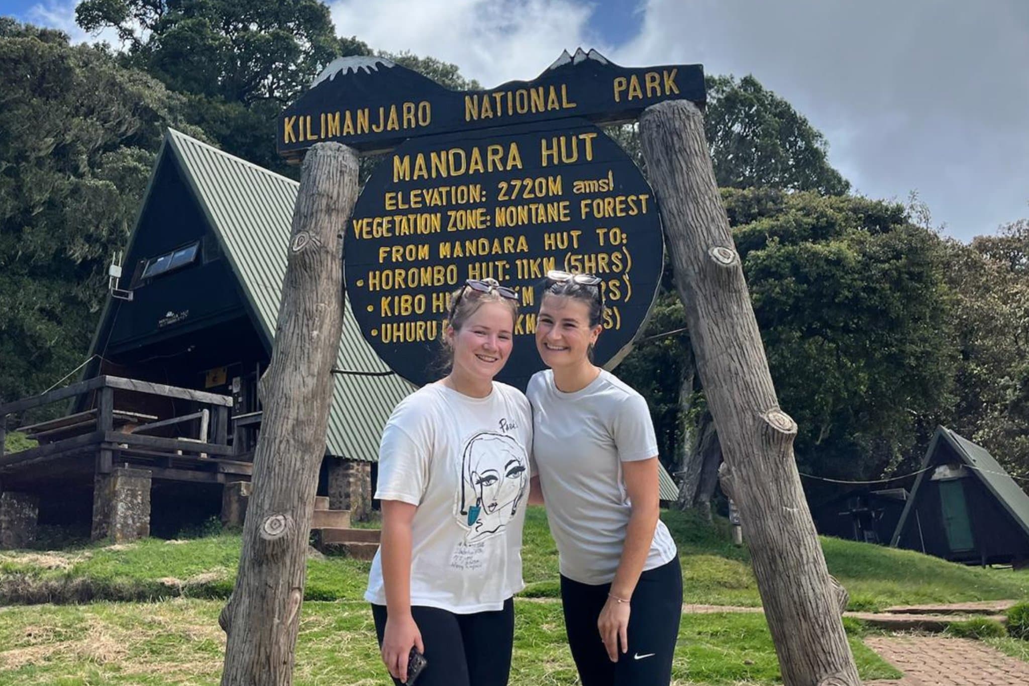 Reizigers bij het bord van Kilimanjaro National Park