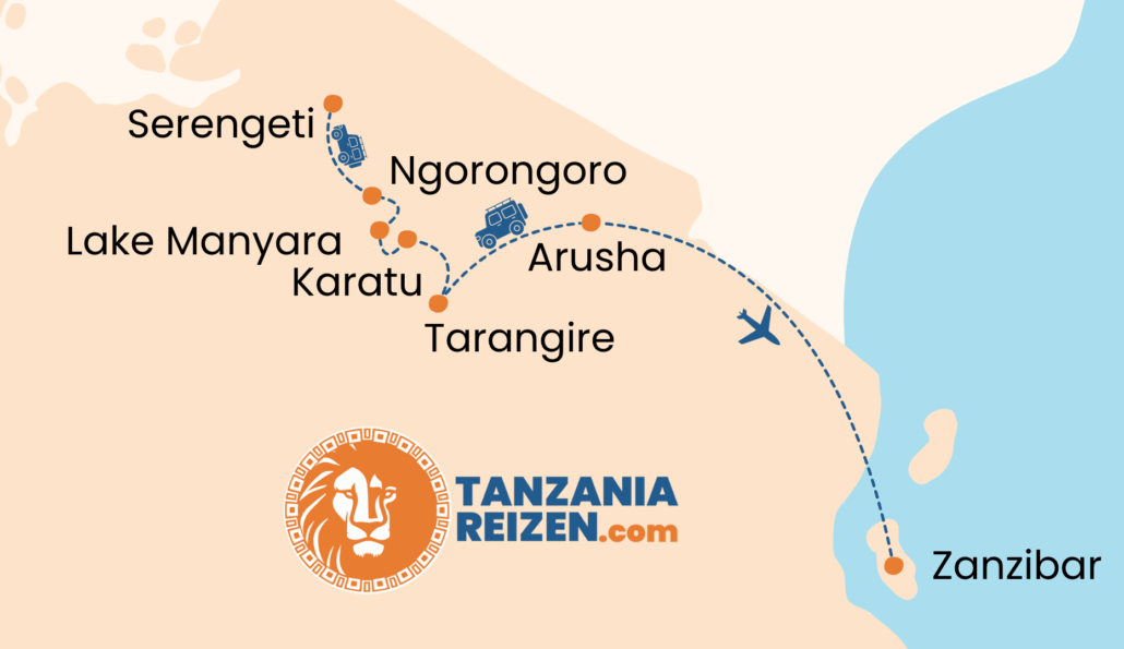 Tanzania reisroute Arusha, Tarangire, Lake Manyara, Ngorongoro, Serengeti, Zanzibar